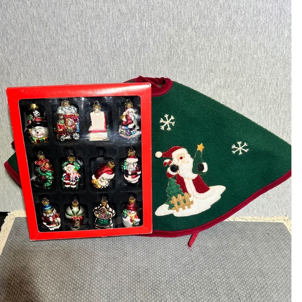 Macy's Holiday Lane Glass Ornaments 12pc & Prima Creations Santa Tree Skirt Set